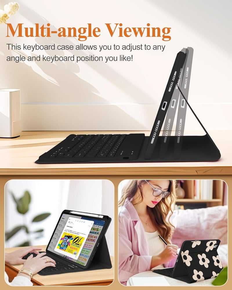 Wazzasoft for iPad Pro 11 inch Case with Keyboard M4 - Pencil Holder Folio Women Girls Cute Kawaii Unique Design for Apple Tablet Cover Pro 11 2024, Black Flower - Image 5